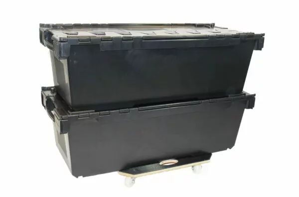 black plastic storage boxes with lids